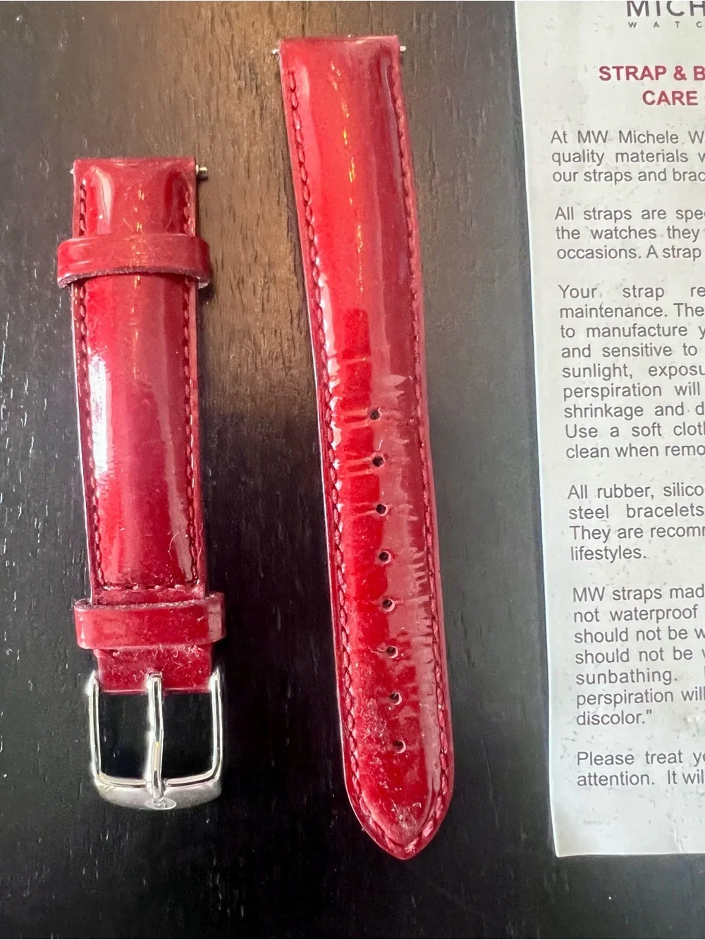 Michele Glossy Red Patent Leather Watch Strap with Silver Buckle